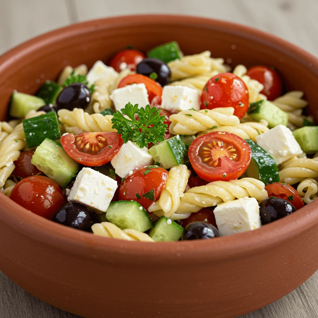 Nahaufnahme von Kritharaki Salat mit frischen Zutaten