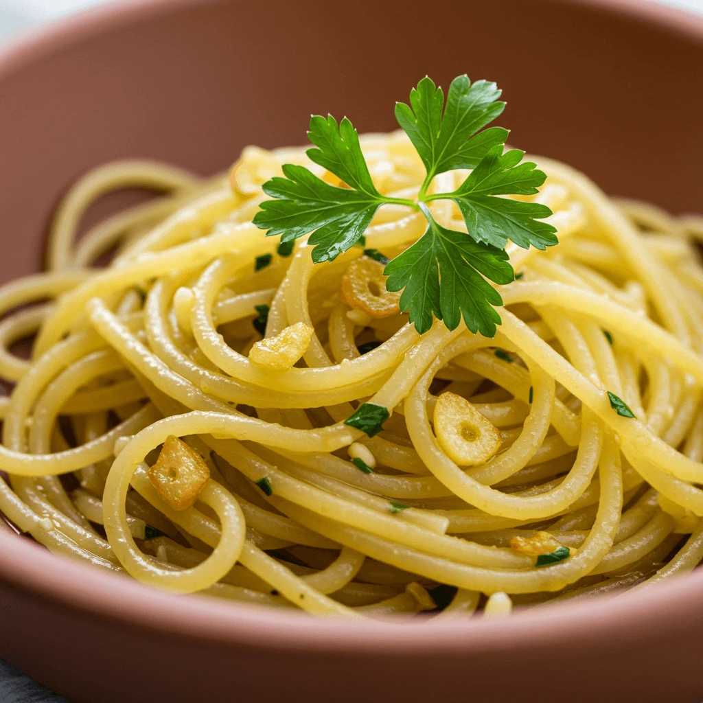 Spaghetti Aglio e Olio mit wenig Zutaten, einfach und aromatisch, in einer rustikalen Schüssel.