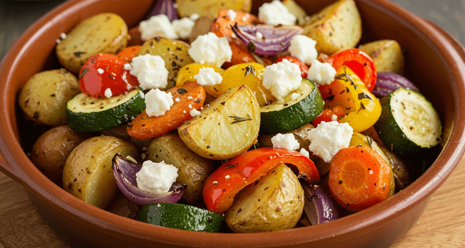 Rezept Ofengemüse mit Kartoffeln und Feta – köstliche, goldbraune, gebackene Gemüsemischung mit Feta in einer Schüssel