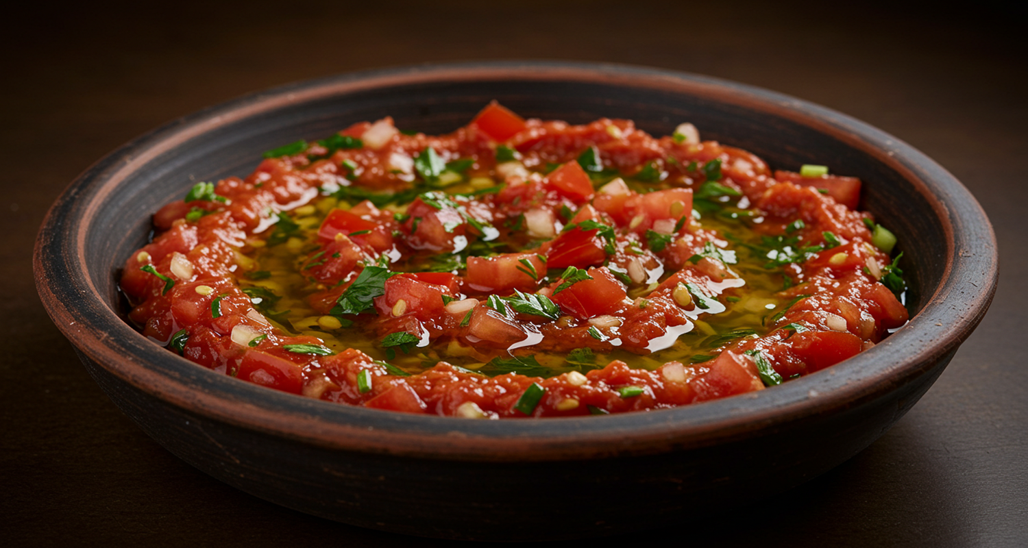 Ezme Rezept: Frischer türkischer Salat aus Tomaten, Paprika und Petersilie, garniert mit Olivenöl und Kräutern.