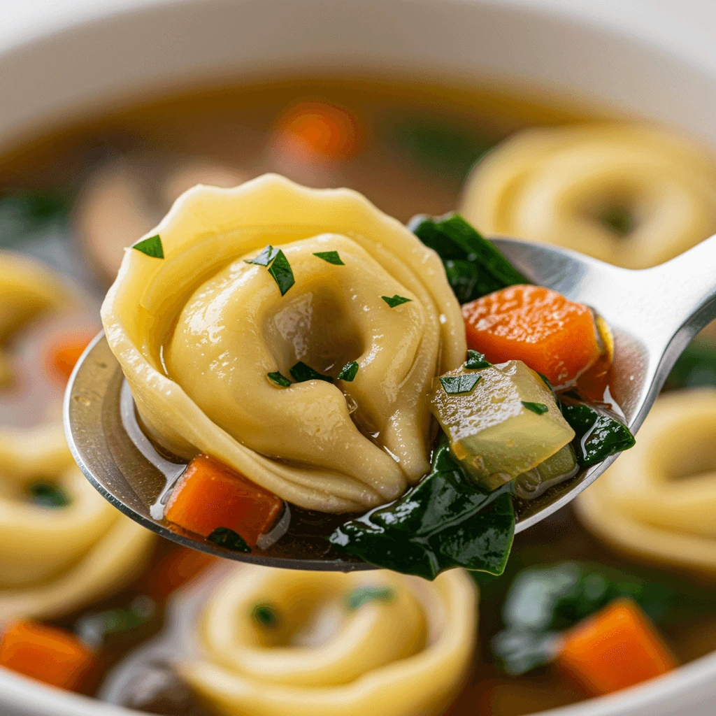 Nahaufnahme einer Suppe mit Tortellini, Gemüse und Brühe auf einem Löffel.