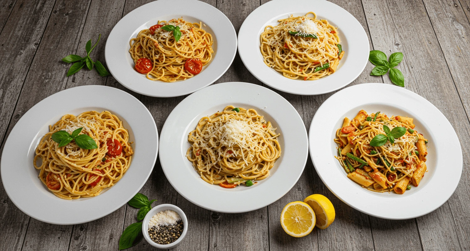 5 einfache Pasta Rezepte mit wenig Zutaten auf einem rustikalen Holztisch, inklusive Spaghetti Aglio e Olio, Tomaten-Pasta, Käse-Pasta, Gemüse-Pasta und Zitronen-Pasta.