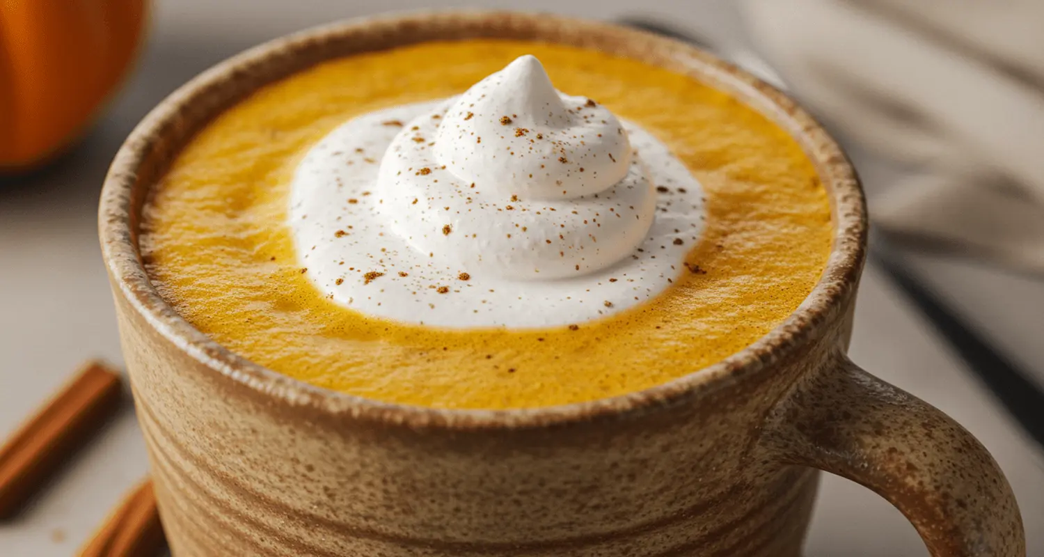 Pumpkin Spice Latte Rezept in einem gemütlichen Becher, verziert mit Schlagsahne und Zimt, umgeben von Herbstdekorationen.