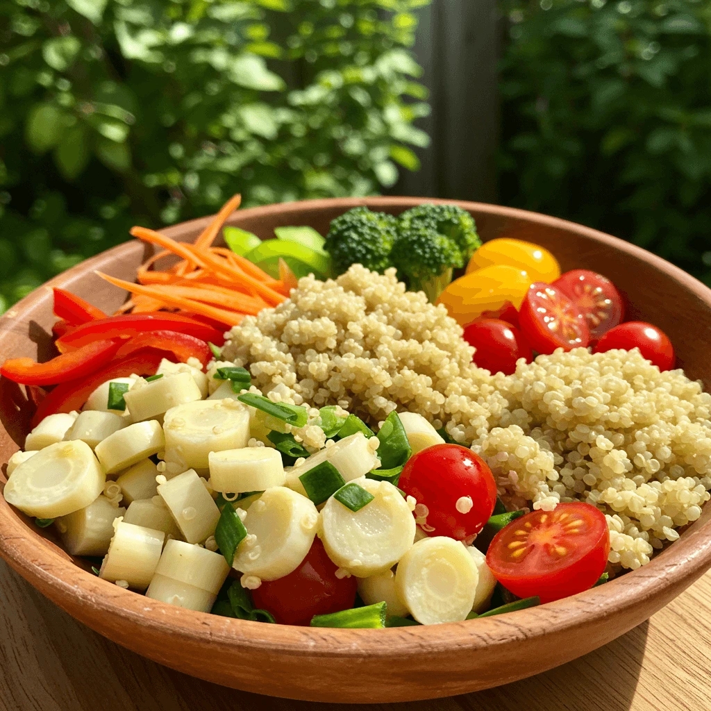 Gesundes Gericht mit Palmkohl in einem bunten Salat mit Quinoa und Gemüse