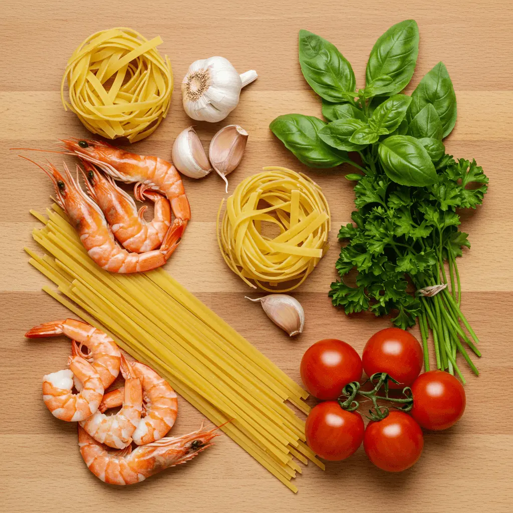 Garnelen, Pasta, Kräuter und Tomaten.