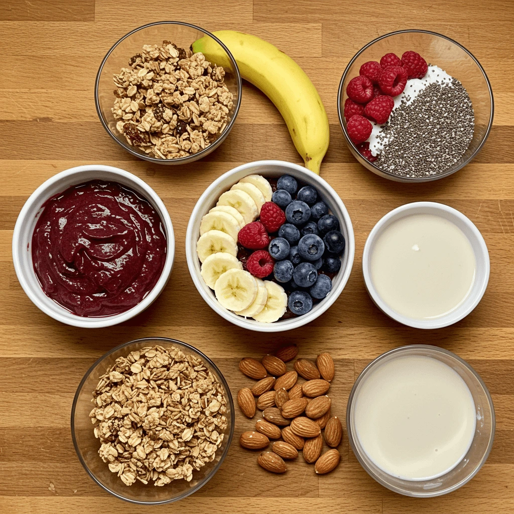 Frische Zutaten für das perfekte Acai Bowl Rezept: Acai-Beeren, Bananen, Beeren, Granola und Hafermilch