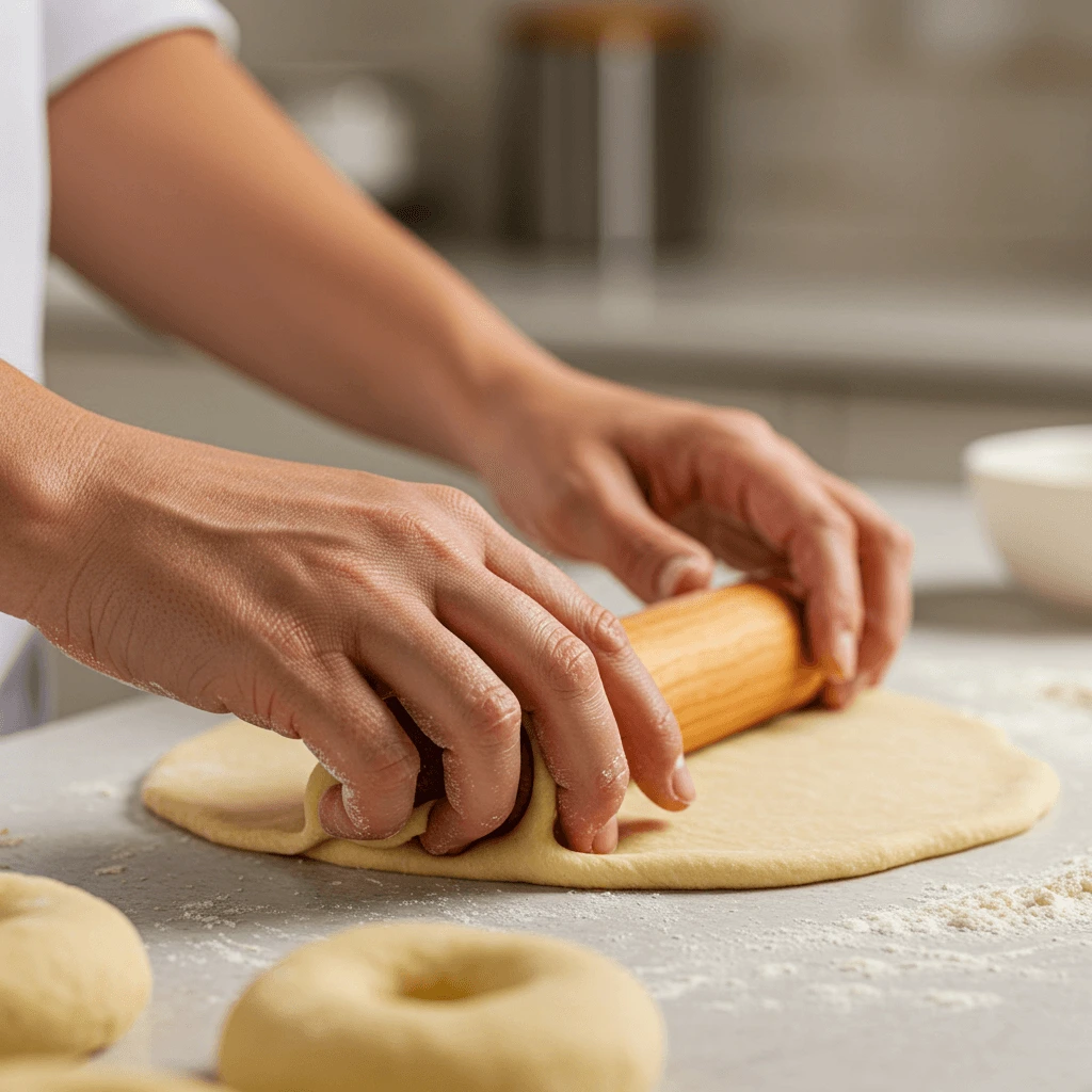 Person rollt Donut-Teig auf einer sauberen Arbeitsplatte aus