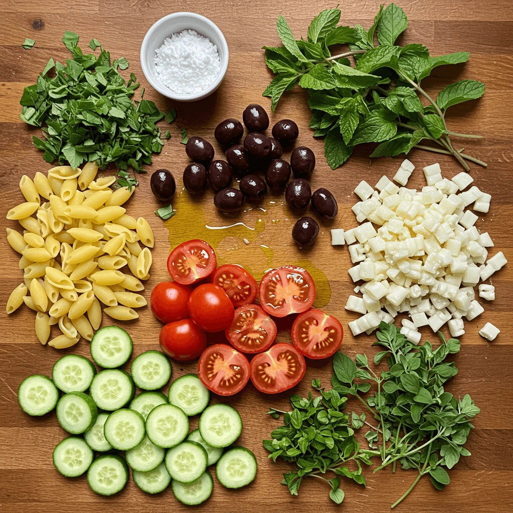 Frische Zutaten für Kritharaki Salat, einschließlich Pasta, Tomaten, Gurken und Oliven