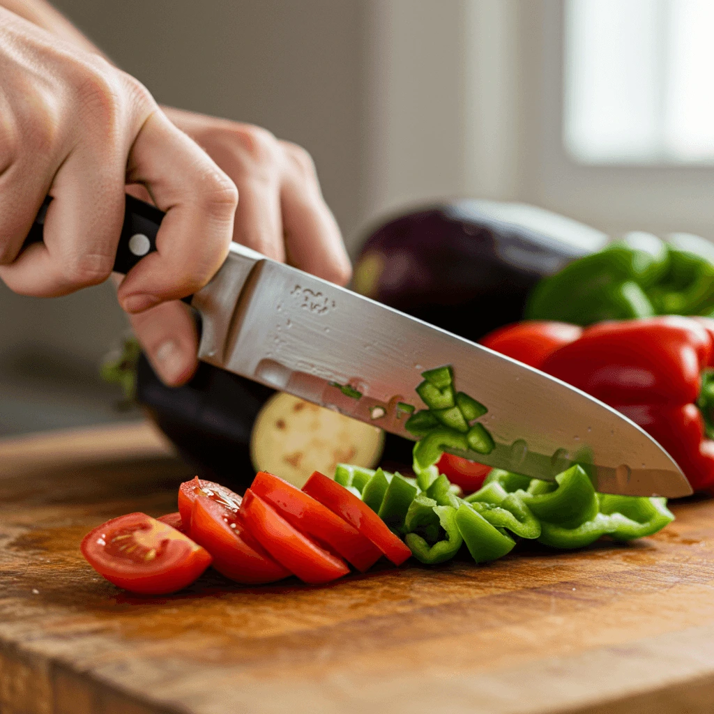 Gemüse schneiden für Rindfleischsalat Rezept: Frisches Gemüse auf einem Holzbrett