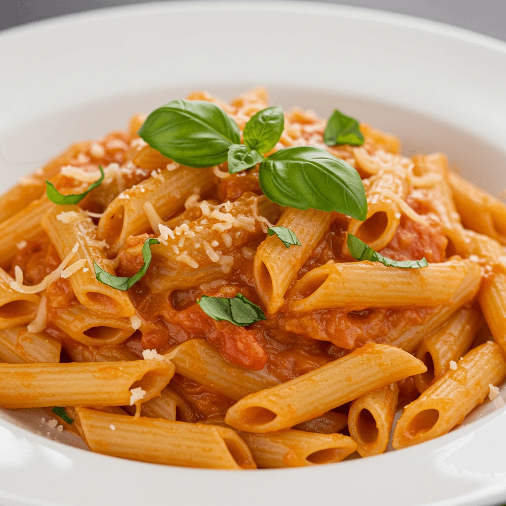 Cremige Tomaten-Pasta mit frischen Basilikumblättern und Parmesan, schnell und lecker zubereitet."