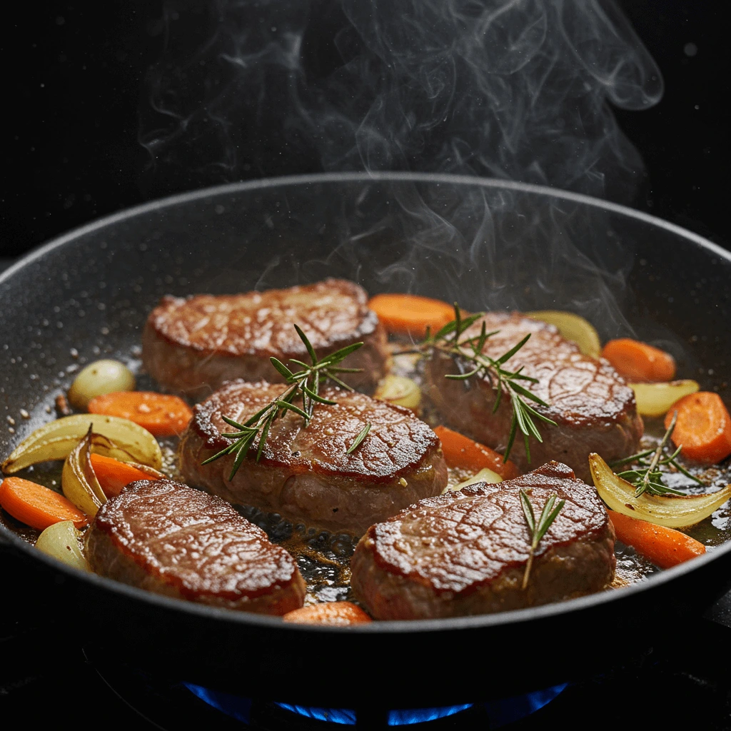 Kalbsbacken wird in der Pfanne angebraten, mit Gemüse und Kräutern.