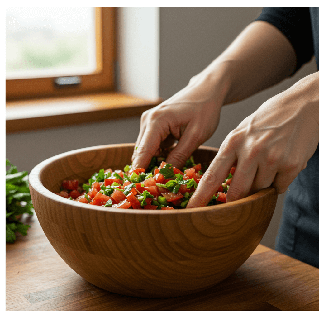 Hände, die frisches Ezme mit gehackten Tomaten, Paprika und Kräutern in einer Holzschüssel mischen.