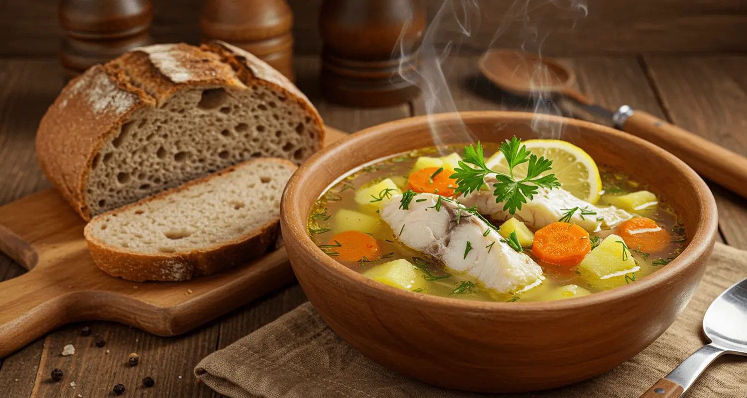 Omas Fischsuppe Rezept in einer rustikalen Schüssel mit frischen Fischfilets und Gemüse