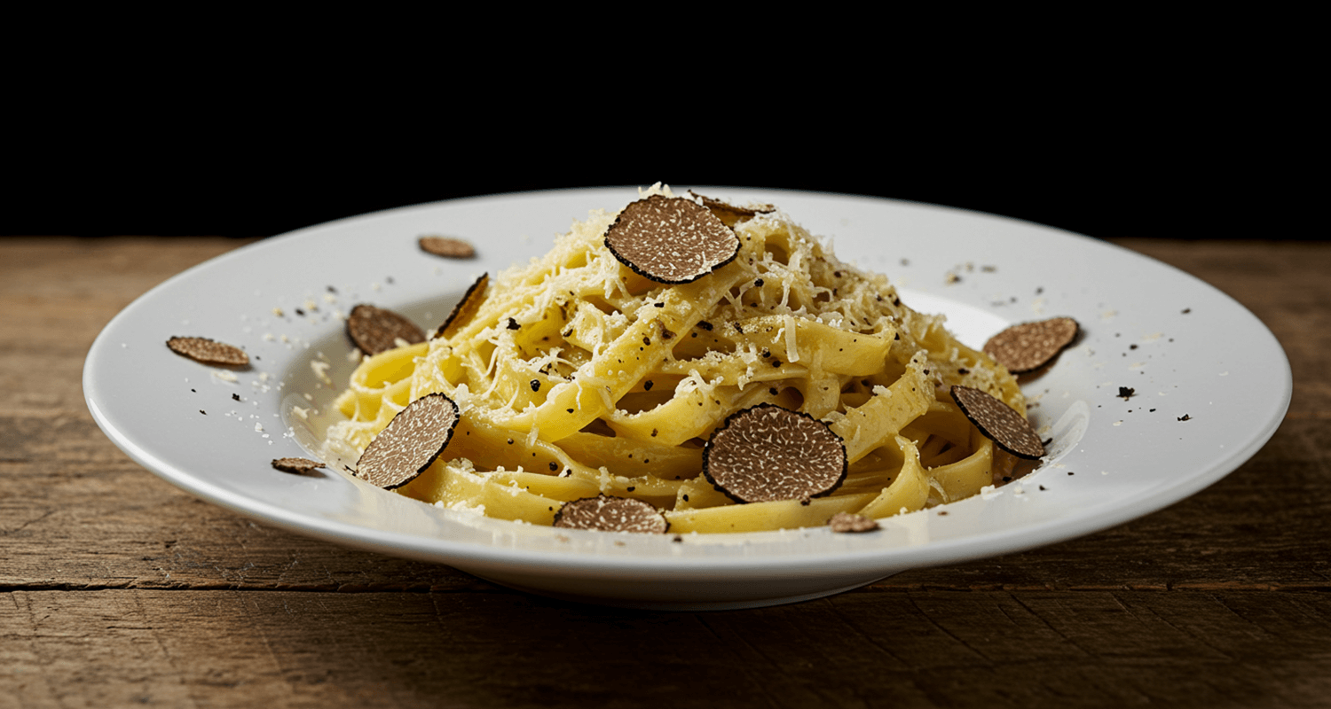 Trüffel mit Pasta Rezept – Close-up of pasta with freshly shaved truffles and Parmesan