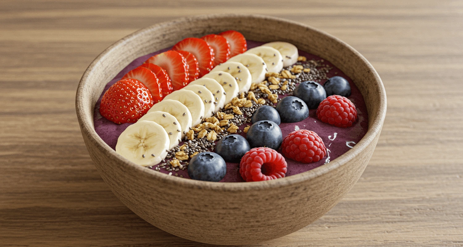 Leckeres Acai Bowl Rezept mit frischen Beeren, Bananen und Granola in einer Schale