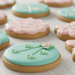 Wunderschön dekorierte Kekse mit Royal Icing auf einem rustikalen Holztisch