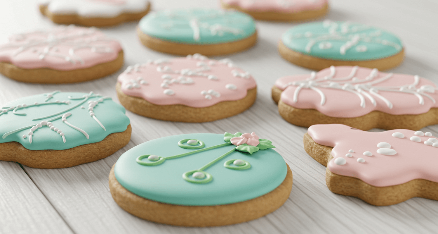 Wunderschön dekorierte Kekse mit Royal Icing auf einem rustikalen Holztisch