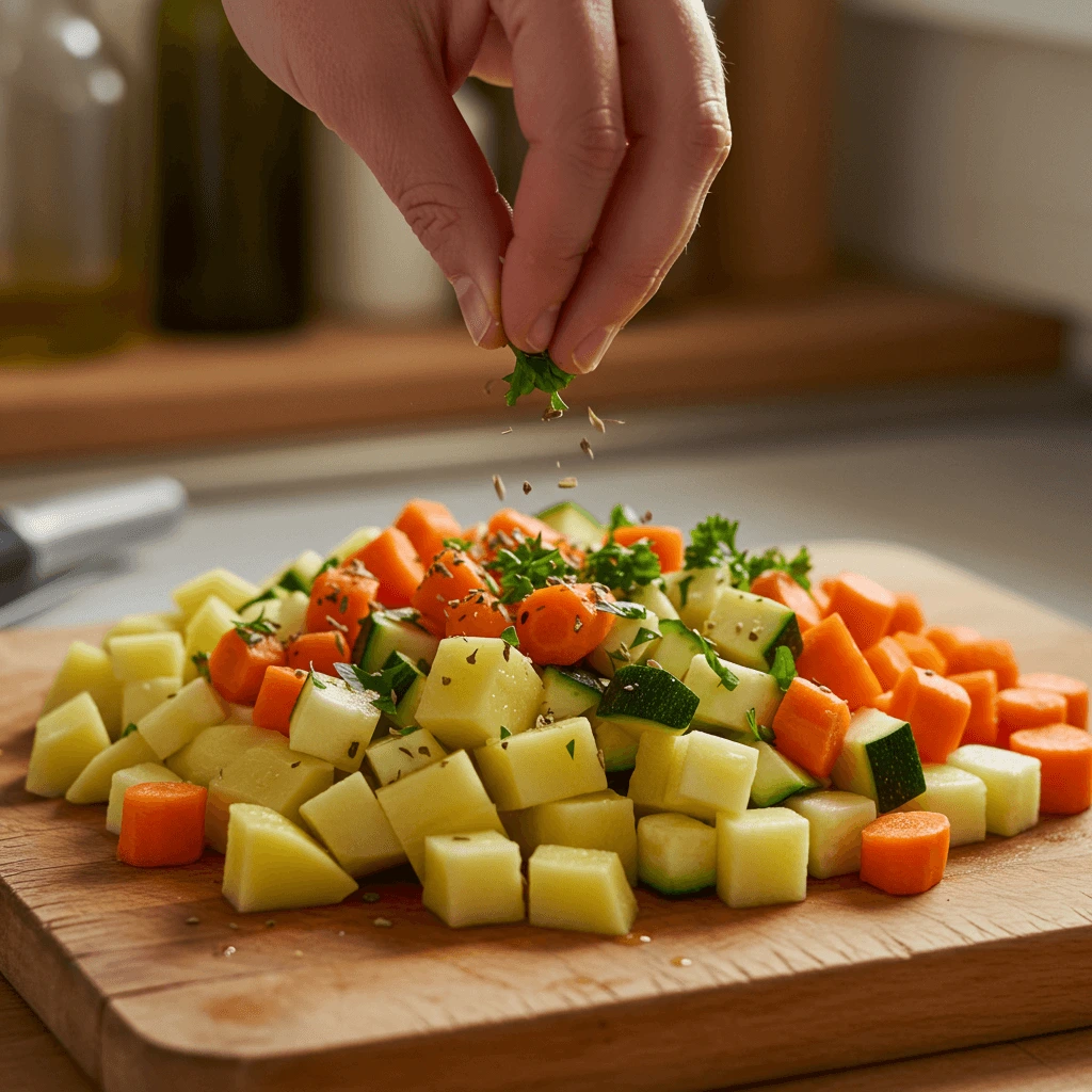 orbereitung für Ofengemüse mit Kartoffeln und Feta