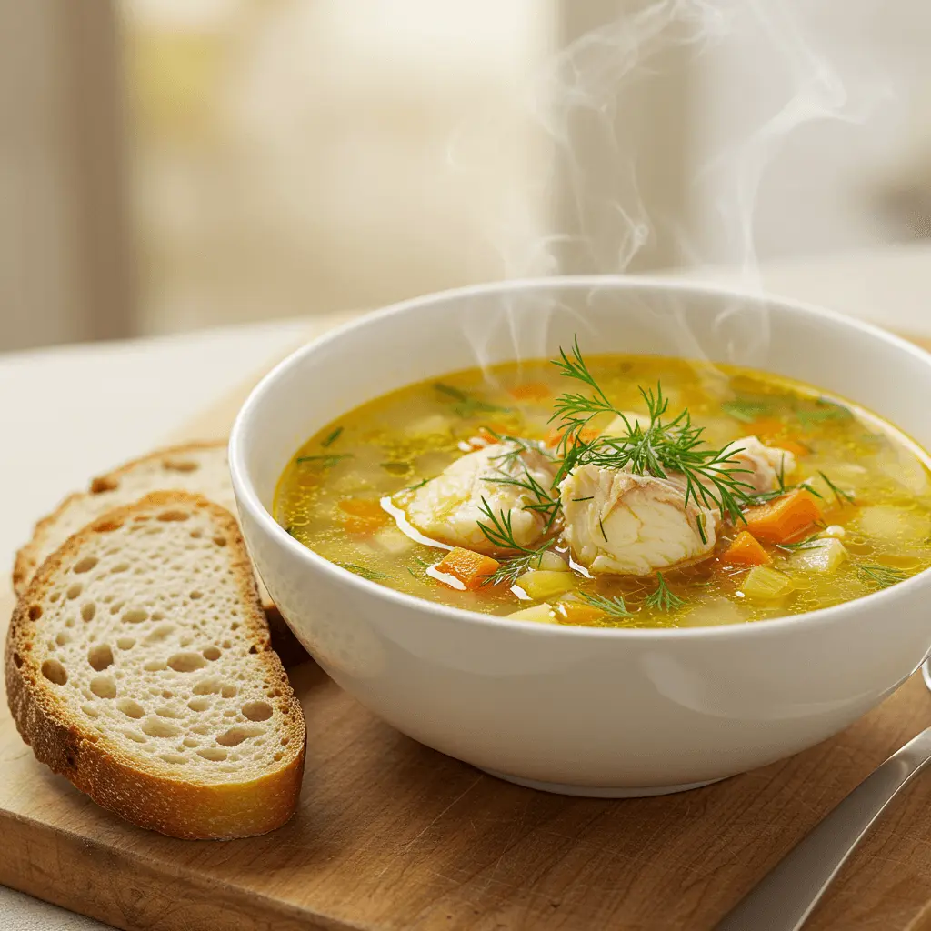 Fertige Omas Fischsuppe serviert mit frischen Kräutern und einer Scheibe Brot