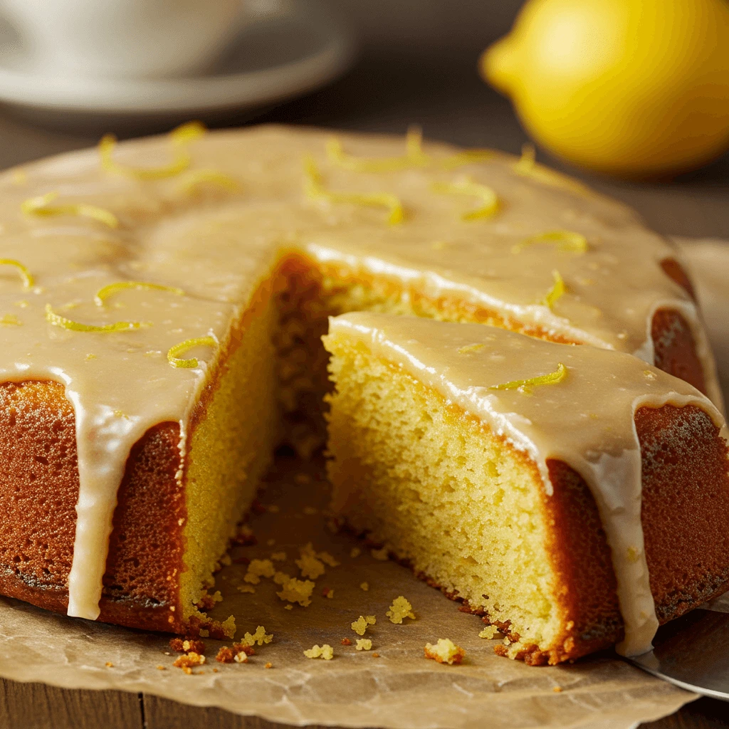 Zitronenkuchen altes Rezept – Ein fertiger, saftiger Zitronenkuchen mit Glasur und weicher Textur.