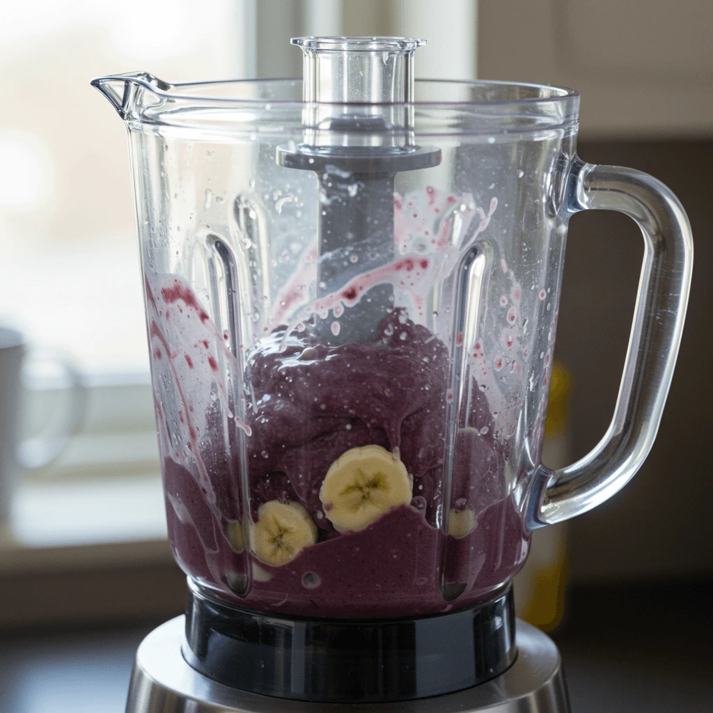 Acai Beeren mit Banane und Hafermilch im Mixer