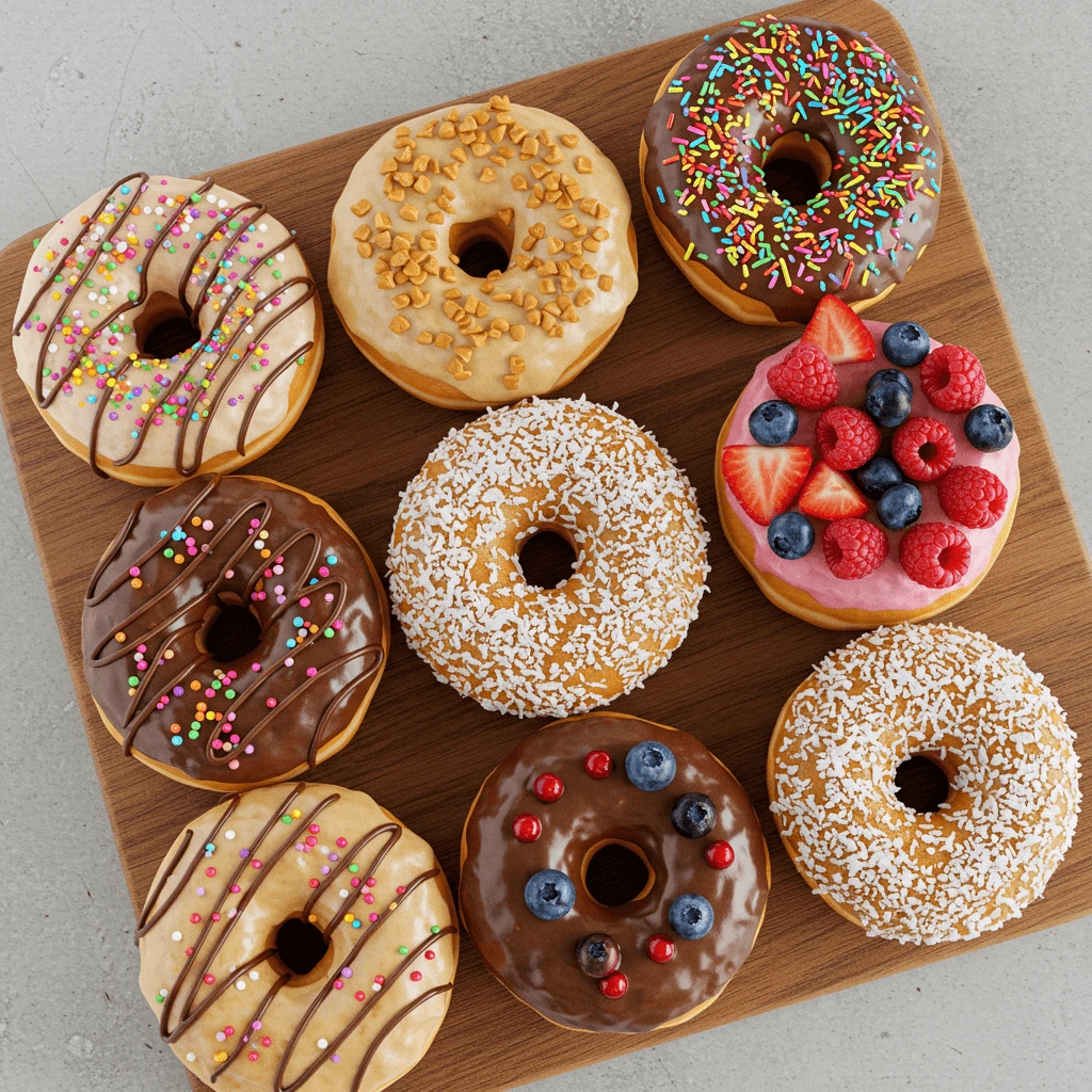 Eine Auswahl an Donuts mit Schokoladenglasur, Streuseln und Beeren - rezept für donuts im backofen