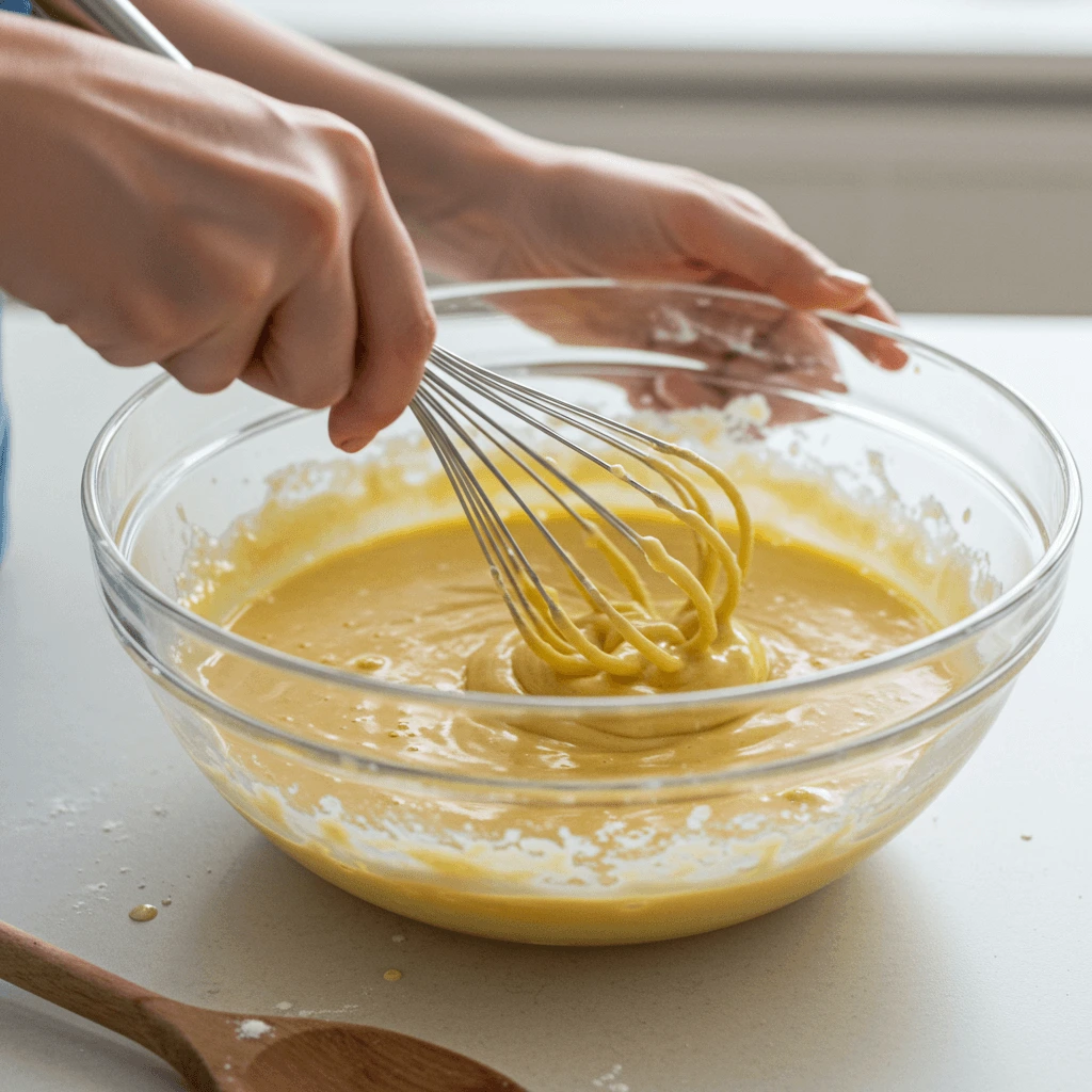 Teig für Wunderkuchen wird in einer Schüssel gemischt.