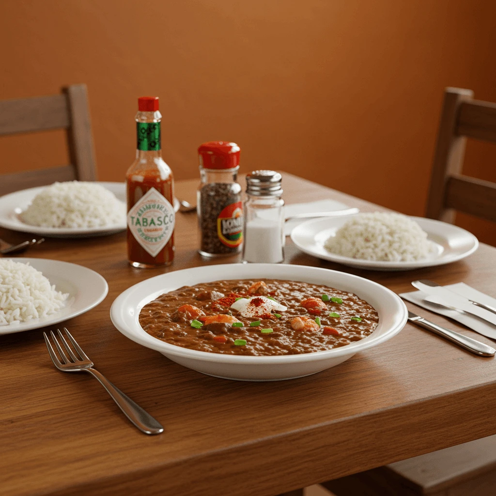 Schnelles Gumbo Rezept mit Garnelen, Okra und Gewürzen, serviert in einer Schale, garniert mit frischen Kräutern.