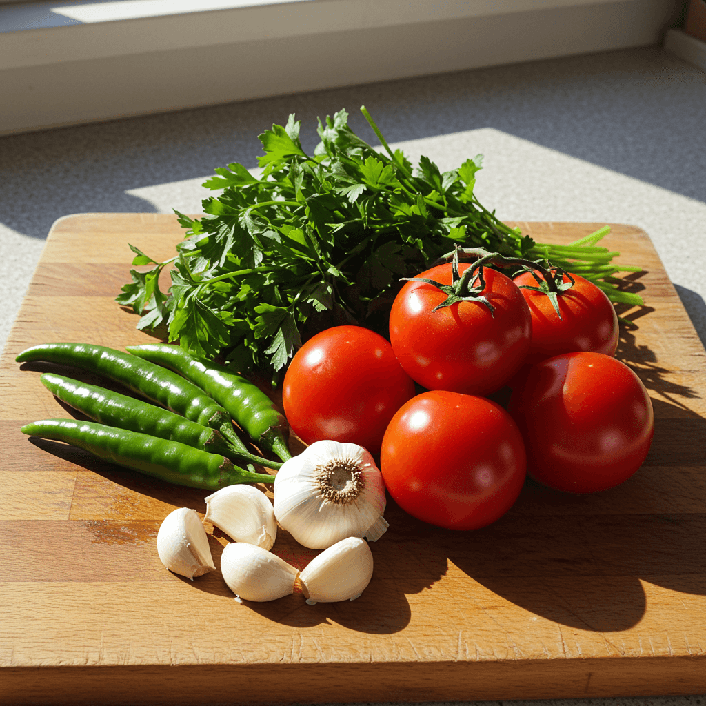 Frische Zutaten für Ezme, darunter Tomaten, Chili, Knoblauch und Petersilie, auf einem Holzbrett angerichtet.