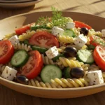 Kritharaki Salat mit frischen Tomaten, Gurken, Feta und Oliven in einer rustikalen Schüssel - Kritharaki Rezept Original: So gelingt der perfekte griechische Salat