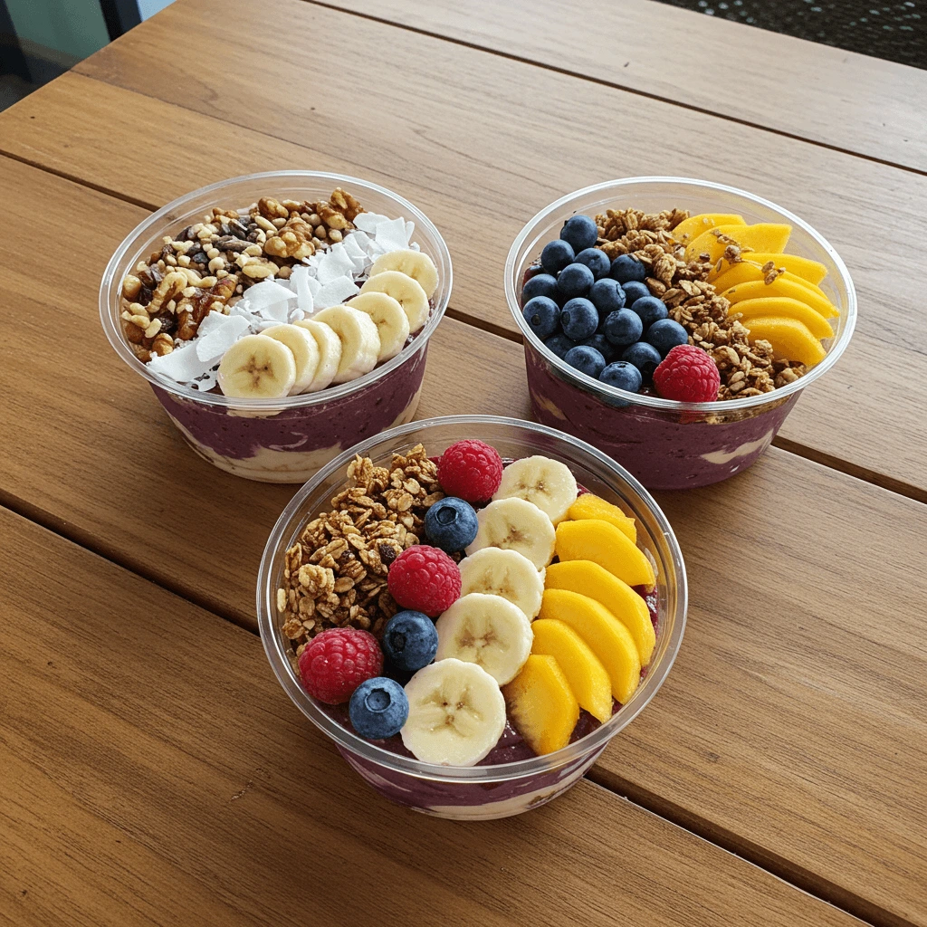 Drei Variationen einer Acai Bowl mit Nüssen, tropischen Früchten und klassischen Beeren
