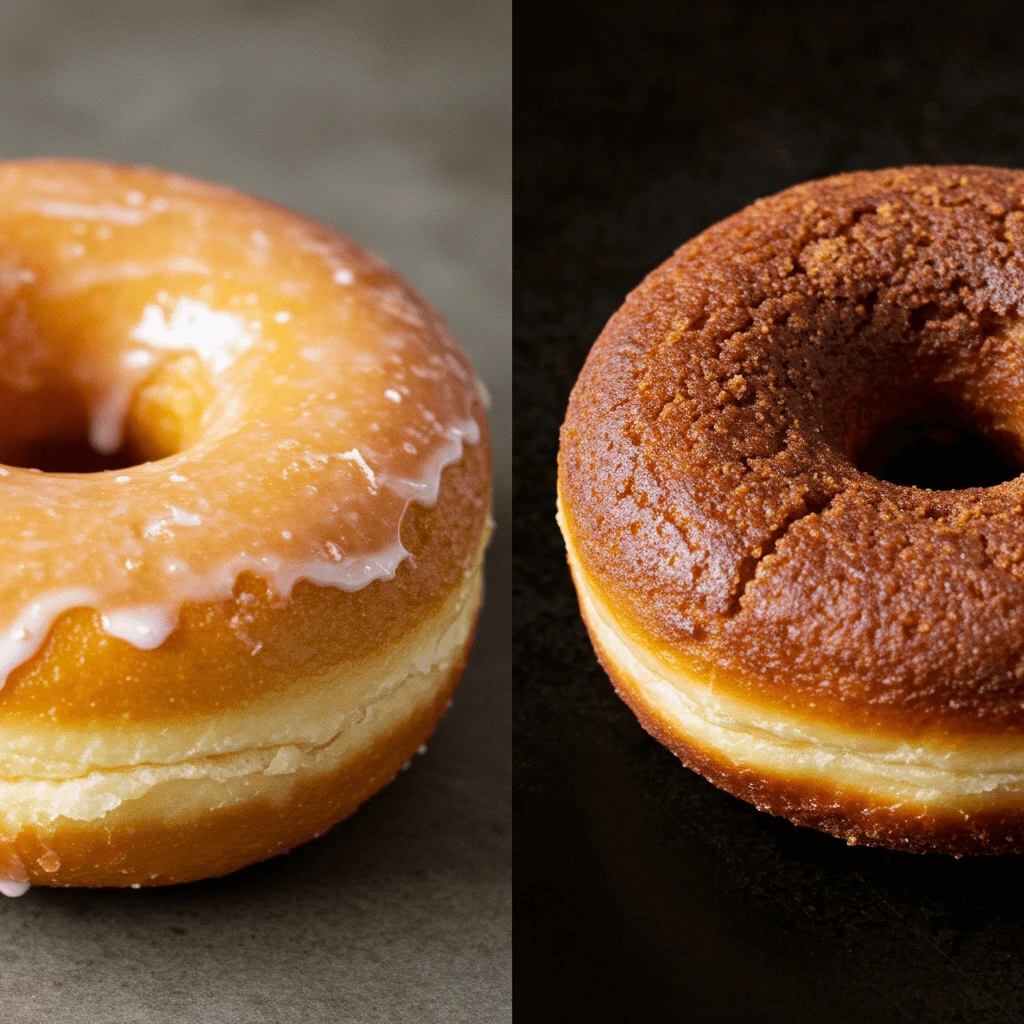 Vergleich von perfekt gebackenen Donuts und zu trockenem Donut