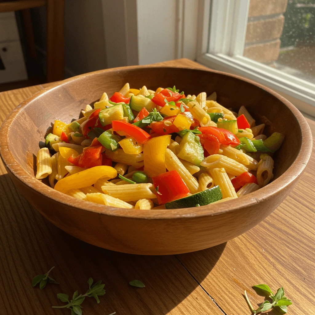 Bunte Pasta mit Gemüse wie Zucchini, Paprika und Karotten, ideal für eine gesunde Mahlzeit mit wenig Zutaten.