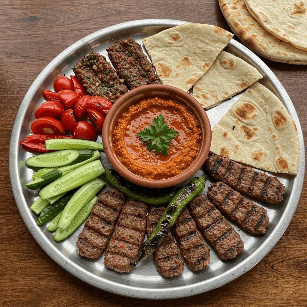 Eine reichhaltige Mezze-Platte mit hausgemachtem Ezme, gegrilltem Fleisch, Gemüse und Fladenbrot.