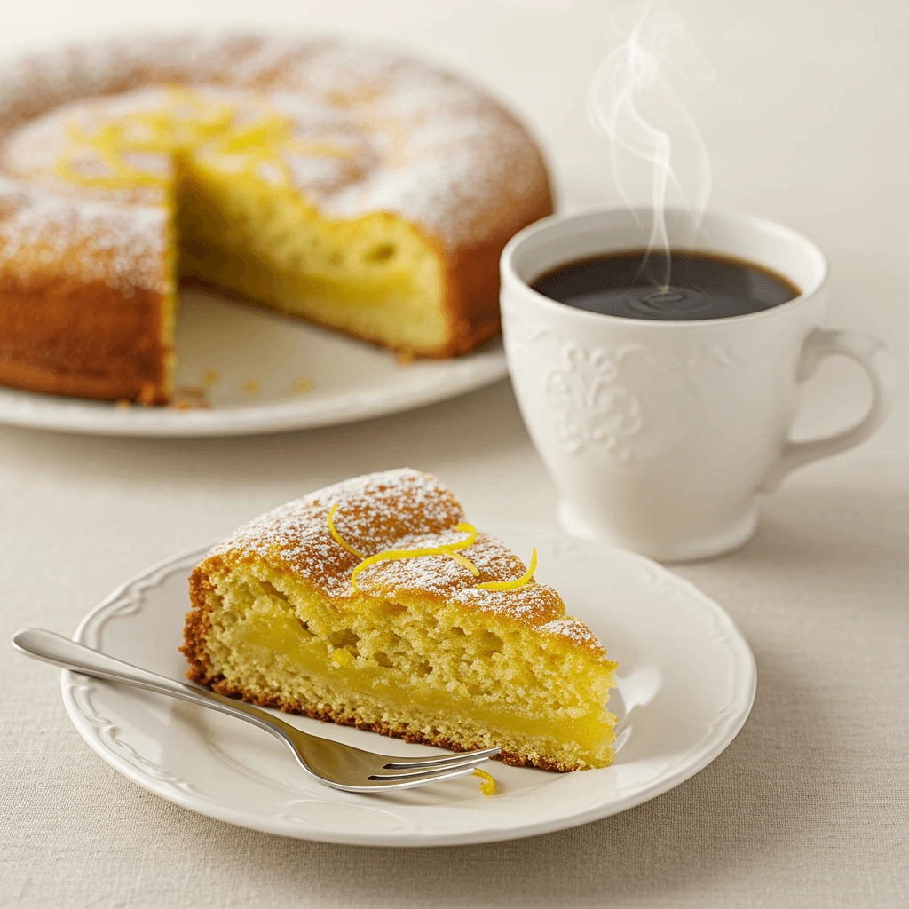 Eine Scheibe Zitronenkuchen wird serviert, perfekt für den Nachmittagstee.