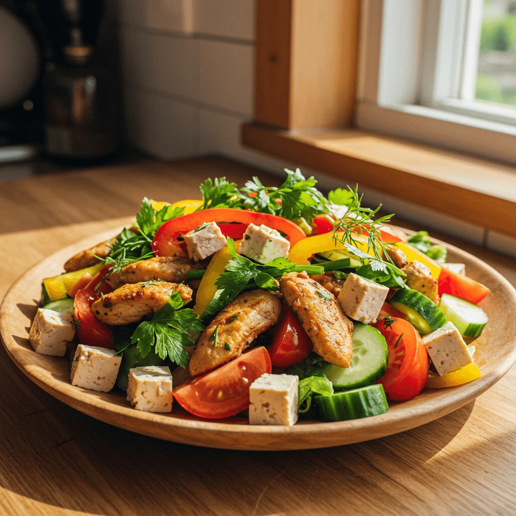 Kritharaki Salat mit gegrilltem Hühnchen und buntem Gemüse