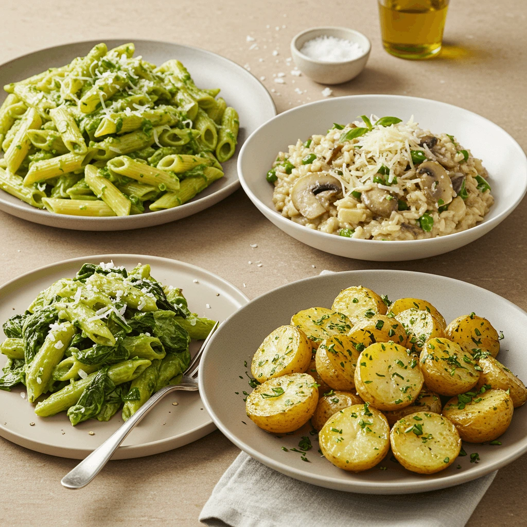 Pasta, Risotto und geröstete Kartoffeln