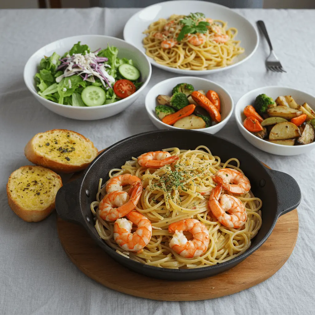 Pasta mit Garnelen zusammen mit einem frischen Salat und Knoblauchbrot.