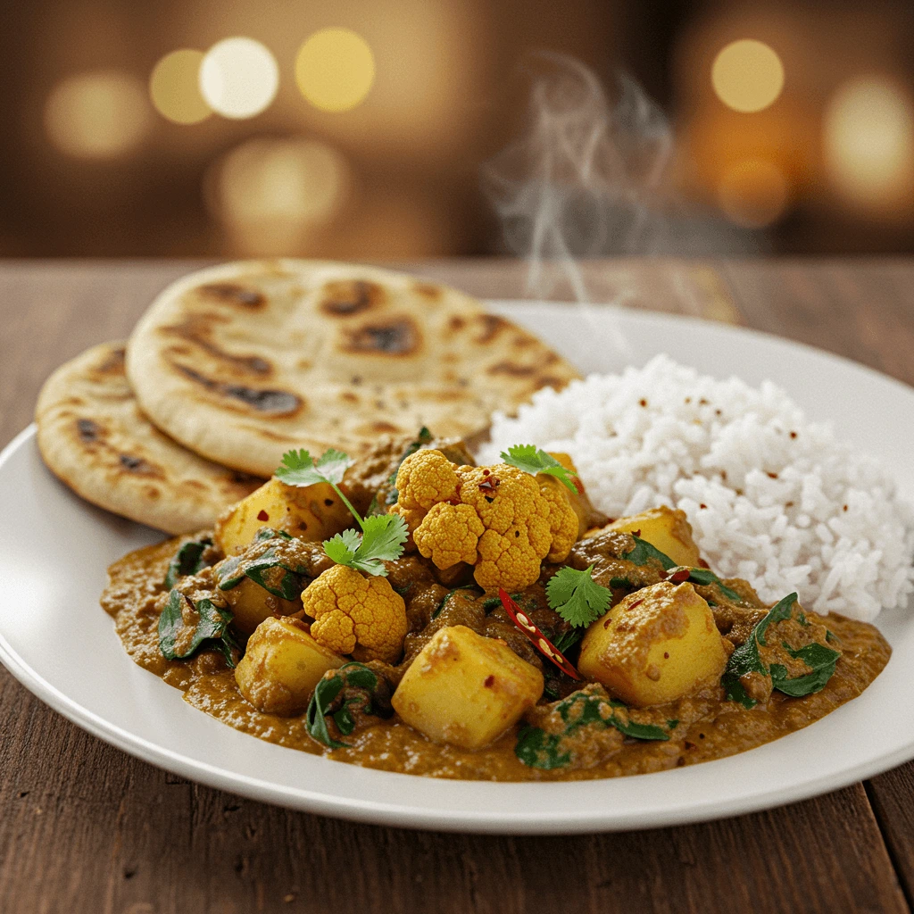 Vegetarisches Curry servieren mit Reis und Naan