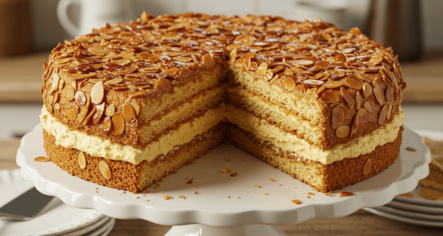 Bienenstich Rezept Landfrauen: Fertiger Kuchen mit goldener Mandelkruste und cremiger Füllung