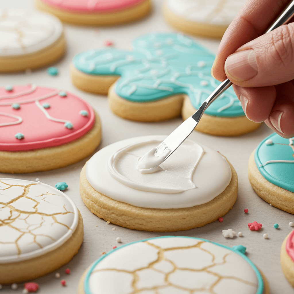 Rissiges Royal Icing auf einem Keks mit glatt gestrichenem Finish