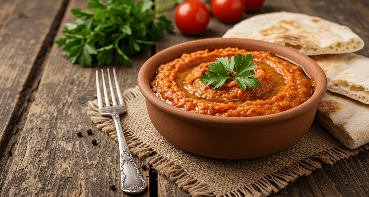 Eine Schüssel mit hausgemachtem türkischen Ezme, garniert mit Petersilie und serviert mit Fladenbrot auf einem rustikalen Holztisch.