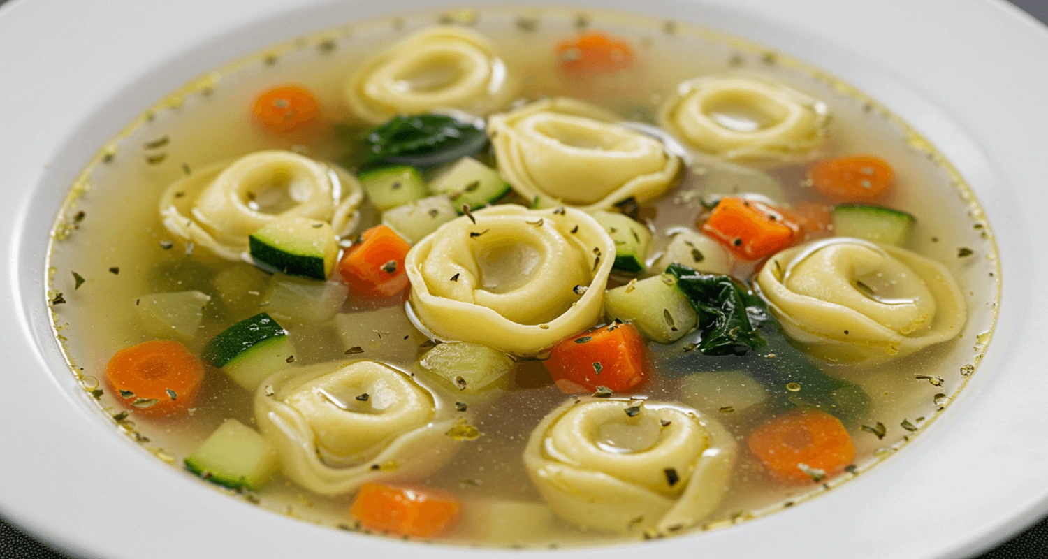 Leckere hausgemachte Suppe mit Tortellini und Gemüse in einer Schüssel, serviert mit frischen Kräutern.