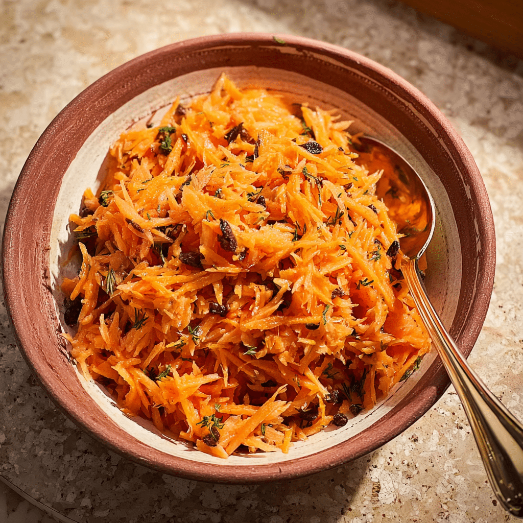 Karottensalat Rezept in brauner Schüssel serviert mit goldenem Löffel