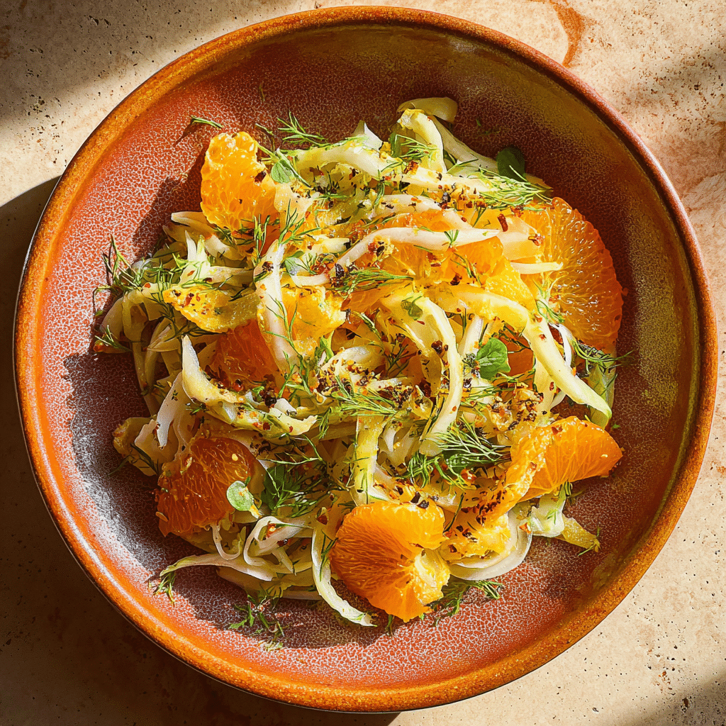 Fenchel Orangen Salat mit Dill und Pistazien angerichtet auf braunem Teller