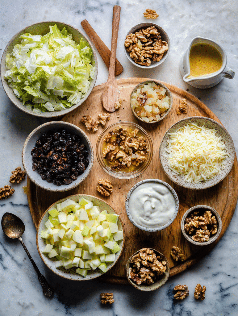 Zutaten für Chicorée Salat Rezept mit Apfel, Walnüssen, Rosinen, Joghurt und Dressing